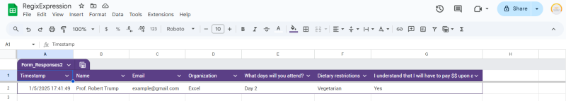example registration - post - regex expression divide First Name, Last Name, Title